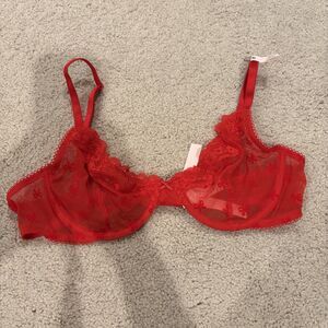 NWT Victoria's Secret Tease Lace-Trim Red Bow Embroidered Unlined Demi Bra 36B